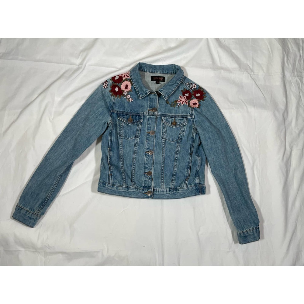 Shyanne Floral Button Down Jean Denim Jacket Women Small 100% Cotton